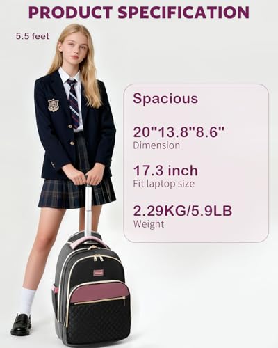 Arcoyard Rolling Backpack for Women, 17.3 Inch Travel Backpack with Wheels - color: Black Purple, size: 17.3-inch