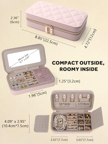 Soft-Touch Leather Travel Jewelry Case with Mirror, Jewelry Box - color: Blush Pink