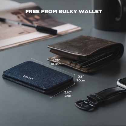 VULKIT Slim Minimalist Card Holder RFID Blocking Leather Credit Card Holder Front Pocket Wallet Magnetic Closure, Denim Blue - color: Denim Blue