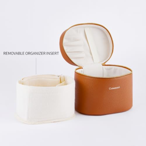Makeup Bag with Removable Organizer Insert, PU Leather Travel Cosmetic Case with Brush Storage and Carry HandleLight Khaki - color: Light Khaki