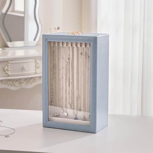 Lolalet Necklace Organizer Box, Jewelry Display Case, Blue, 3 Layers - color: Dusty Blue, size: 3 Layers, 30 Hooks
