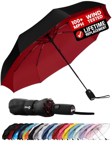 Windproof Travel Umbrella - Compact & Withstands Winds up to 100MPH, Strongest Premium Auto Folding Umbrella for Rain and Sun - Durable, Light & Portable for Women & Men, Fits Backpack & Cars - color: Black + Red 1-Pack