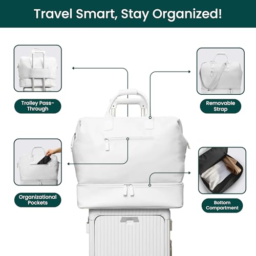 Nobl Travel Weekender Bag for Women & Men, Large Carry-On Duffel, White - color: Ivory