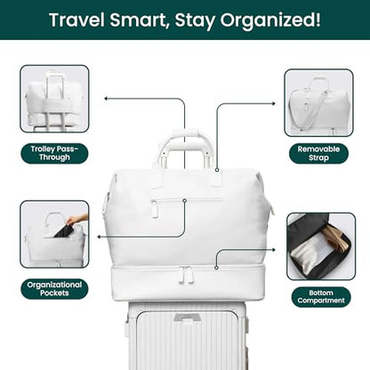 Nobl Travel Weekender Bag for Women & Men, Large Carry-On Duffel, White - color: Ivory