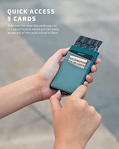 VULKIT Card Holder with Money Pocket Pop Up Wallet RFID Blocking Slim Metal Bank Card Case Holds 5 Cards and Notes - color: Emerald Green