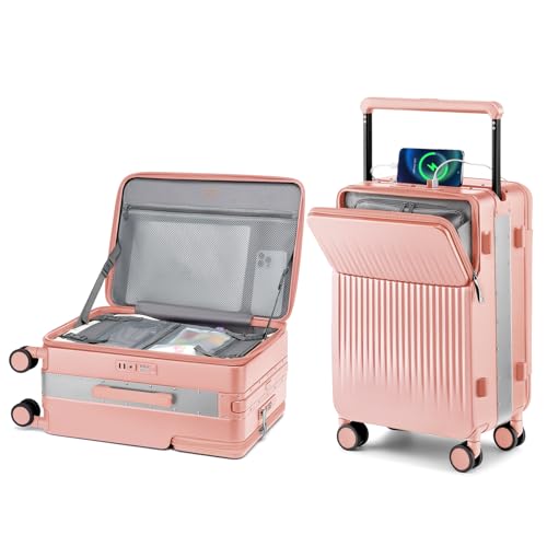 Joyway 20 Inch Top Opening Carry on Luggage with Aluminium Frame, Pink | TSA Approved Suitcase with Spinner Wheels, Wide Handle, Front Pocket, USB Port, Great For School, Business & Travel - color: Pink