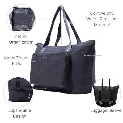 Baggallini Carryall Expandable Lightweight Travel Tote 22" Packable Folding Compact Nylon Washable Weekender w/Luggage Sleeve - color: French Navy