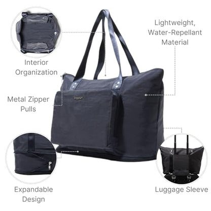 Baggallini Carryall Expandable Lightweight Travel Tote 22" Packable Folding Compact Nylon Washable Weekender w/Luggage Sleeve - color: French Navy