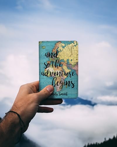 Personalized Passport Holder - Custom Vegan Leather RFID Passport Cover - color: And So The Adventure Begins