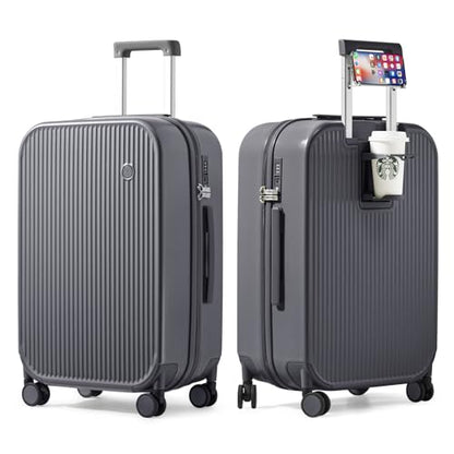 mixi Checked Luggage with Cup Phone Holder Hard Shell Rolling Travel Suitcase with Spinner Wheels,24 Inch Rock Grey - color: Rock Gray, size: 24-inch