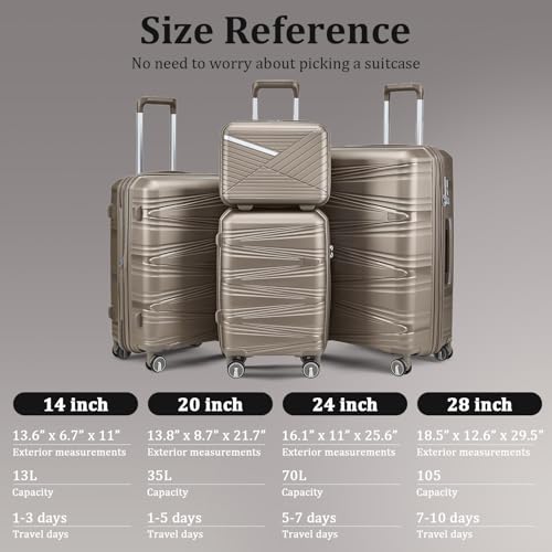 TRAVELEO 4피스 확장 가능한 하드쉘 핑크 수하물 세트, 스피너 휠 포함, TSA 잠금 장치가 있는 경량 여행용 가방 세트, 50.8cm(20인치) 휴대용, 샴페인, 스피닝 휠 - color: 샴페인, size: 4 Piece Set (14in/20in/24in/28in)