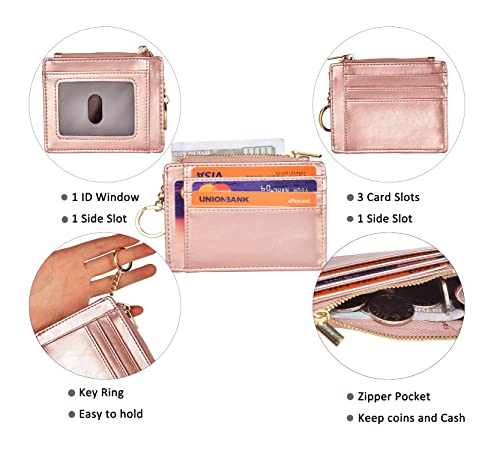 woogwin Slim RFID Credit Card Holder for Women Mini Front Pocket Wallet Purse With Keychain - color: Oil Wax RoseGold
