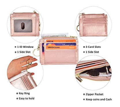 woogwin Slim RFID Credit Card Holder for Women Mini Front Pocket Wallet Purse With Keychain - color: Oil Wax RoseGold