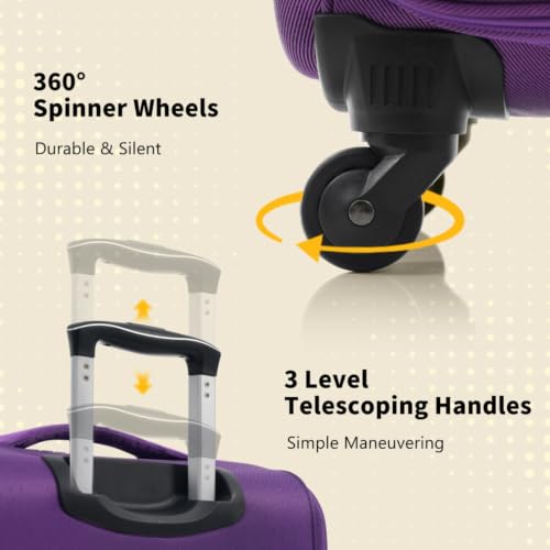 4-Piece Softside Luggage Set, Expandable Lightweight Polyester Suitcases with Spinner Wheels & TSA Lock, 18/22/26/30 Inch Travel Luggage Set with Front Pockets (Purple) - color: Purple