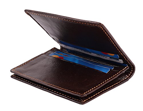 Easyoulife RFID Mens Slim Front Pocket Wallet Genuine Leather Bifold ID/Credit Card Holder - color: Coffee