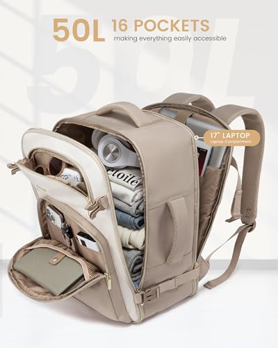 LOVEVOOK Travel Essentials Carry on Backpack 50L Travel Backpack for Women Men,Waterproof TSA Personal Item Travels Bag Airline Flight Approved,Large Carry on Luggage Laptop Backpack with Packing Cube - color: Off-white - Grayish Pink - Dark Brown, size: