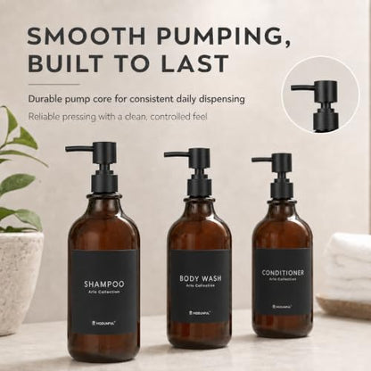 Amber Shampoo and Conditioner Dispenser Set of 3, Black Smooth Pump - color: Amber