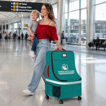 RAINSMORE Padded Car Seat Travel Bag for Airplane with Spinner Wheels - color: Green
