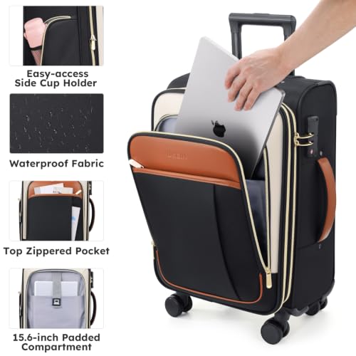 Softside Expandable Carry On Luggage, 20in Carry on Suitcase with Wheels - color: Black/White/Brown