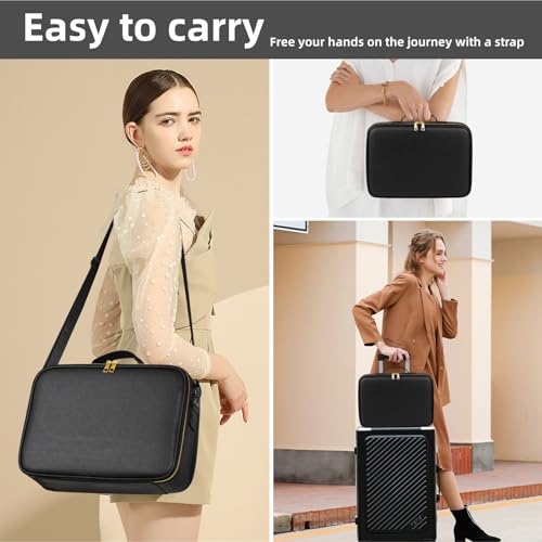15“×11“Professional Makeup Train Case,Large Waterproof Travel Makeup bag with Mirror and Light, Leather Black Make up Bag with Mirror and Light,Led Makeup Case with Adjustable Dividers - color: Black, style: Non-removable