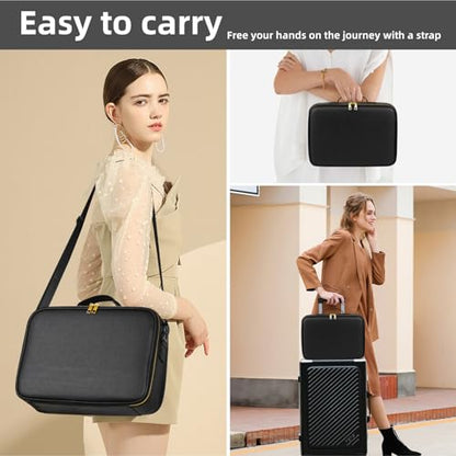 15“×11“Professional Makeup Train Case,Large Waterproof Travel Makeup bag with Mirror and Light, Leather Black Make up Bag with Mirror and Light,Led Makeup Case with Adjustable Dividers - color: Black, style: Non-removable