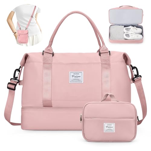 Weekender Bags for Women, Personal Item Travel Bag with Shoes Compartment | Overnight Travel Duffel Bag with Toiletry Bag&Mini Crossbody Bag, Airplane Friendly Carry-On Bag - color: C-Pink-3pcs, size: Large