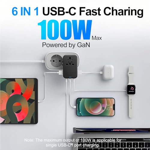 JMFONE 100W GaN Universal Travel Adapter, 5 USB C/A Ports, 2500W AC Outlet - color: 100W -Black+White