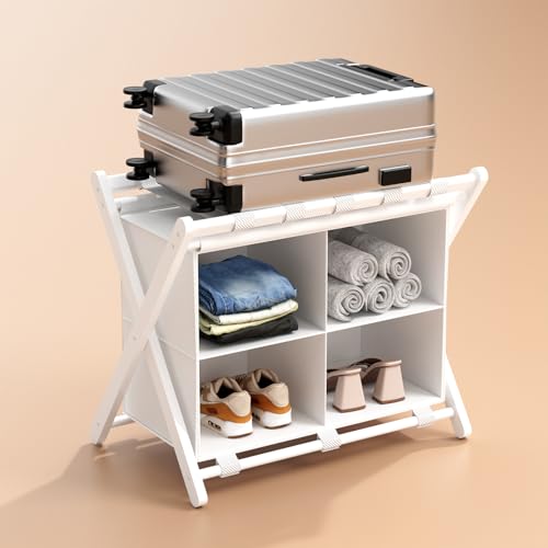 White Bamboo Luggage Rack with 4 Storage Compartments, Foldable Suitcase Stand, Luggage Rack for Guest Room, 150lbs Capacity, Sturdy - color: White 1 Pcs