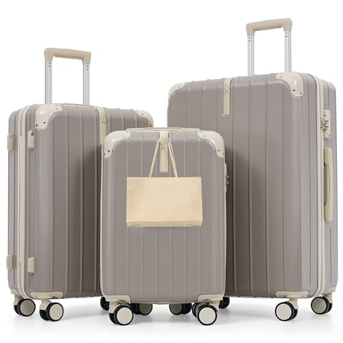 Travel Luggage Set 3 Piece, Premium ABS Hardshell Suitcase with TSA Lock, 20/24/28 Inch Lightweight Spinner Wheels, Durable Lightweight Carry On Bag Sets - color: B - Light Grey