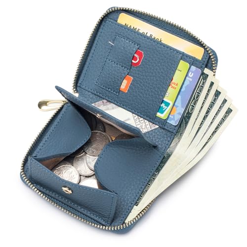 Small Leather Travel Wallet for Women, RFID Blocking Zip Around - color: Navy Blue