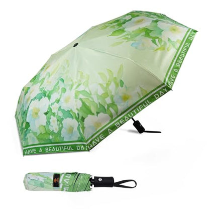 SY COMPACT Travel Umbrella - Windproof Automatic Compact Umbrellas for Rain - color: green leaves white flowers