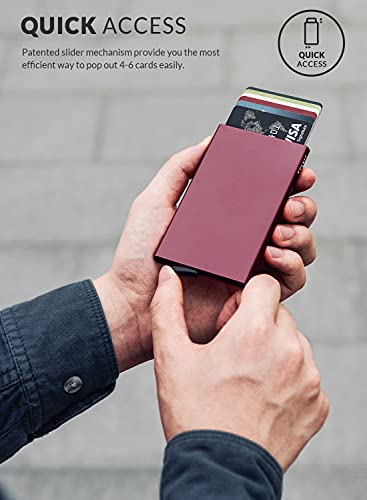 VULKIT Pop Up Wallet, Slim Minimalist Credit Card Holder For Men and Women RFID Blocking Mini Metal Case Wine - color: wine