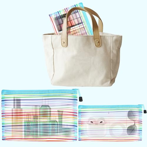 Mesh Bags with Zipper (6 Pack), Nylon Makeup Bag Cosmetic Pouches Travel Organizer Case for Purse Diaper Bag Home Organizing Striped Multi Size Blue - size: 6 Pack Makeup Nylon Mesh Blue