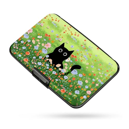 Credit Card Holder RFID Aluminum card case Flowers Cat 2 mini Wallet Women - color: Flowers and Black Cat