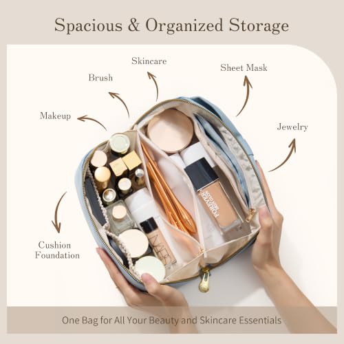 SHOWKOO Cosmetic Bag for Women, WideOpen Travel Makeup Bag with Compartment - color: Dusty Blue