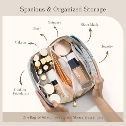 SHOWKOO Cosmetic Bag for Women, WideOpen Travel Makeup Bag with Compartment - color: Dusty Blue
