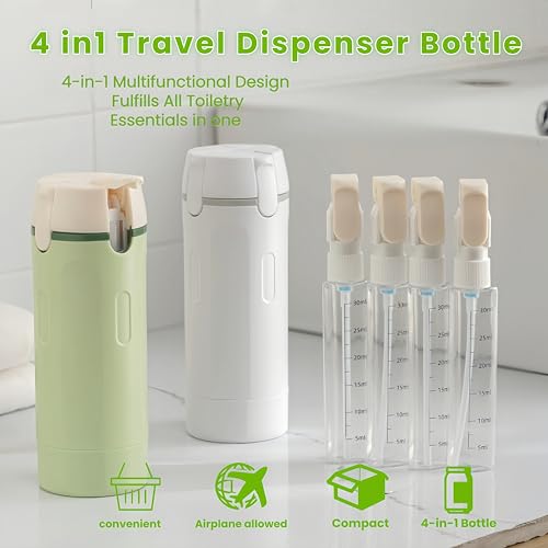 4 in 1 Travel Pump Dispenser Bottle, 30ML 4 Pack Leak-Proof Pump Containers with Measurement Scale & Label Stickers, Portable Bottles for Toiletries, Shower & Travel Use - color: White