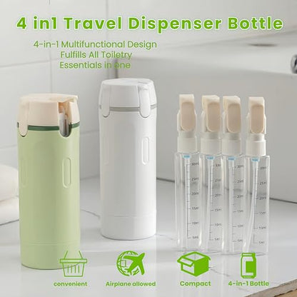 4 in 1 Travel Pump Dispenser Bottle, 30ML 4 Pack Leak-Proof Pump Containers with Measurement Scale & Label Stickers, Portable Bottles for Toiletries, Shower & Travel Use - color: White