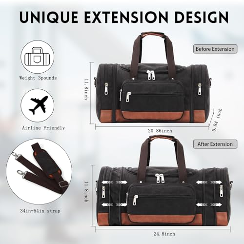 Men'S Duffle Bag For Travel, Expandable Canvas Duffel Bags Overnight Weekend Gym Carry On Luggage Bag For Men(Black) - color: Black