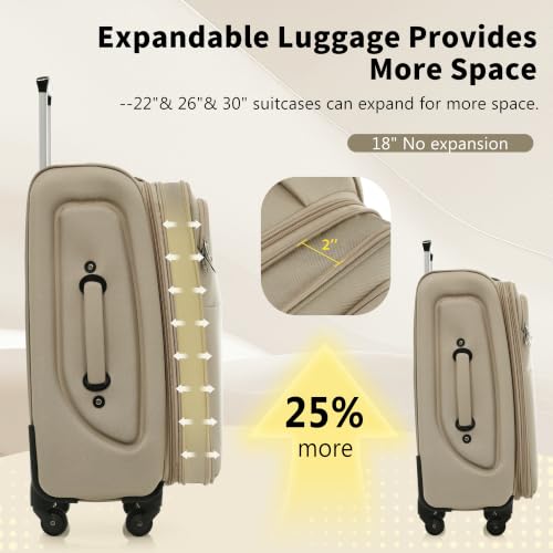 Merax Softside Luggage Set 4 Piece,18/22/26/30 Expand Suitcase,Khaki - color: Khaki-18/22/26/30