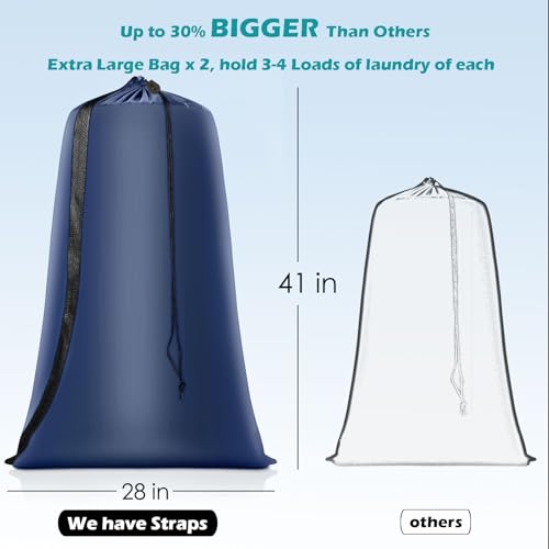 Coomee Heavy Duty Laundry Bag, 2 Pack XL Nylon Laundry Bags with Straps - color: Navy, size: 41" x 28" x 1"