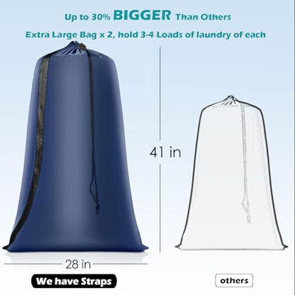 Coomee Heavy Duty Laundry Bag, 2 Pack XL Nylon Laundry Bags with Straps - color: Navy, size: 41" x 28" x 1"