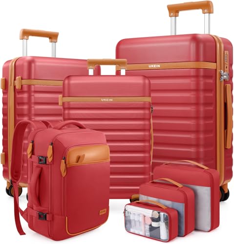 Luggage Sets 7 Piece,Hardside Large Checked Suitcase with Backpack Set - color: Red, size: 7-Piece Sets