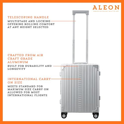 Aleon All Aluminum Lightweight 21" Premium International Carry-On Luggage - Hardside Carry-On Suitcase, TSA Approved, Hard Shell Suitcase, Airline Approved Hard Spinner Wheels Luggage (Platinum) - color: platinum