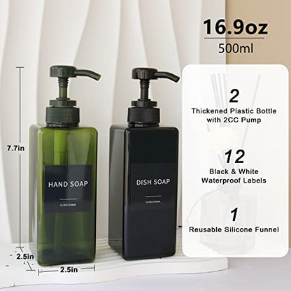 Black Soap Dispenser with Waterproof Labels, Thickened Plastic Hand Soap Dispenser for Bathroom, Kitchen Dish Washing Liquid Bottles, Shampoo and Conditioner Bottles with Funnel (16oz 2Pack Black) - color: 2 Black