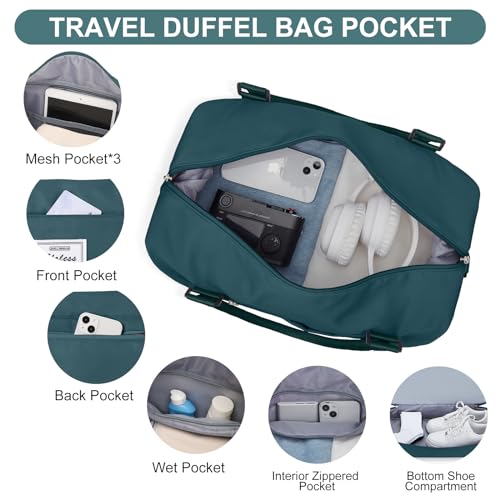 Weekender Bags for Women,Travel Duffle Overnight Bag with Shoe Compartment - color: A-Peacock Blue-3Pcs-0022, size: Large