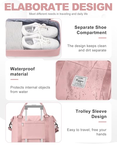 Travel Duffel Weekender Bag Women Tote Carry On Bags With Shoe Compartment - color: H2-Pink, size: Large