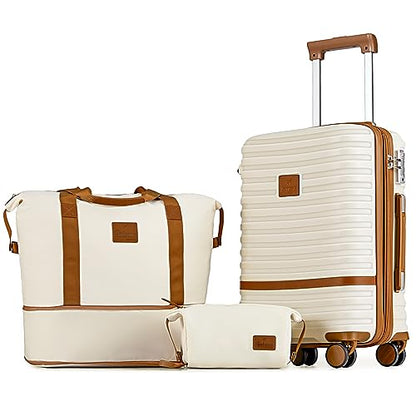 Joyway Carry On Luggage 20 Inch Expandable Suitcase with Spinner Wheel, 3 Piece Hard Shell Luggage Set with TSA Lock(White) - color: White brown, size: Carry-On 20-Inch