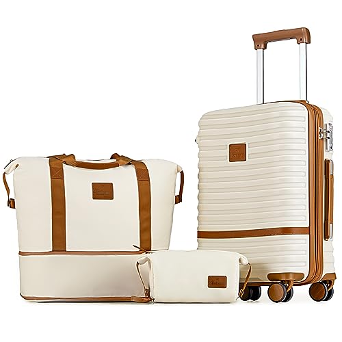 Joyway Carry On Luggage 20 Inch Expandable Suitcase with Spinner Wheel, 3 Piece Hard Shell Luggage Set with TSA Lock(White) - color: White brown, size: Carry-On 20-Inch