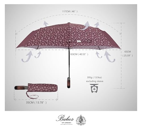 Balios Folding Umbrella Real Wood Handle Auto Open Close - color: Maple Leaves Red Plum